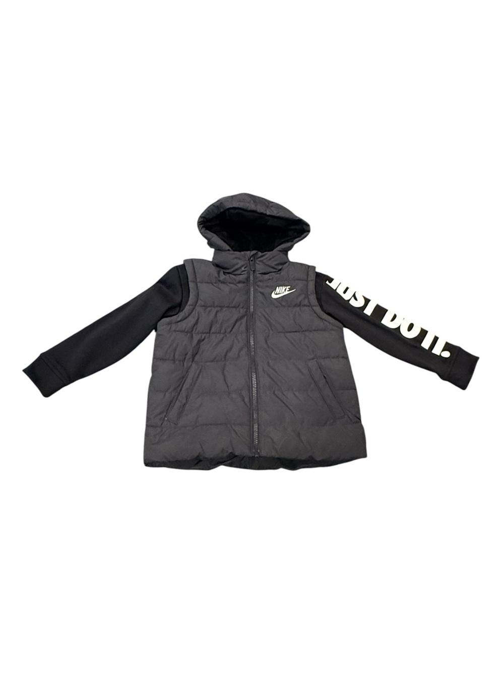 Nike Boys Puffer Vest Hoodie Just Do It Logo Sleeve Gray Size XS 4